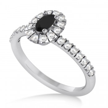 Oval Black & White Diamond Halo Engagement Ring 14k White Gold (0.60ct)