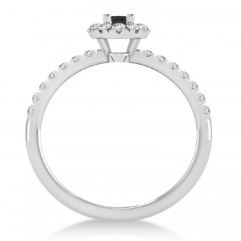 Oval Black & White Diamond Halo Engagement Ring 14k White Gold (0.60ct)