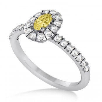 Oval Yellow & White Diamond Halo Engagement Ring 14k White Gold (0.60ct)