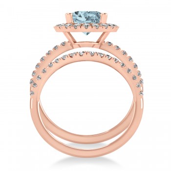 Aquamarine & Diamonds Oval-Cut Halo Bridal Set 14K Rose Gold (3.03ct)