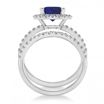 Blue Sapphire & Diamonds Oval-Cut Halo Bridal Set 14K White Gold (3.93ct)