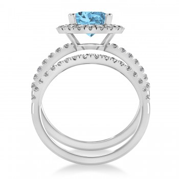 Blue Topaz & Diamonds Oval-Cut Halo Bridal Set 14K White Gold (4.28ct)