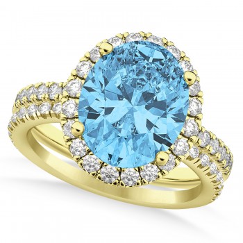 Blue Topaz & Diamonds Oval-Cut Halo Bridal Set 14K Yellow Gold (4.28ct)