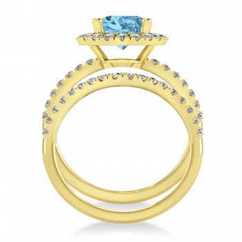 Blue Topaz & Diamonds Oval-Cut Halo Bridal Set 14K Yellow Gold (4.28ct)