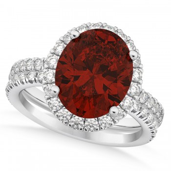 Garnet & Diamonds Oval-Cut Halo Bridal Set 14K White Gold (3.58ct)