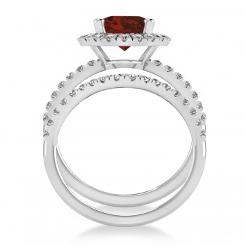 Garnet & Diamonds Oval-Cut Halo Bridal Set 14K White Gold (3.58ct)