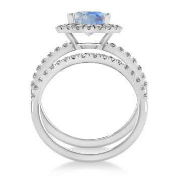 Moonstone & Diamonds Oval-Cut Halo Bridal Set 14K White Gold (3.58ct)
