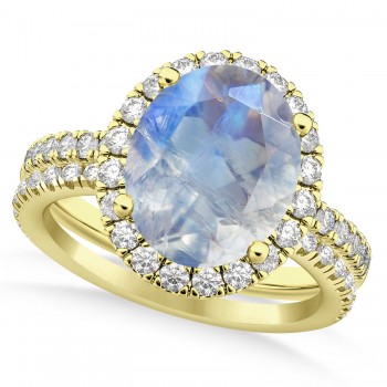 Moonstone & Diamonds Oval-Cut Halo Bridal Set 14K Yellow Gold (3.58ct)