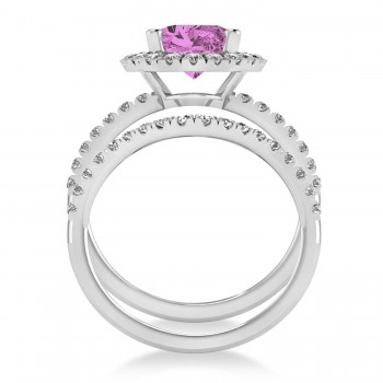 Pink Sapphire & Diamonds Oval-Cut Halo Bridal Set 14K White Gold (3.93ct)