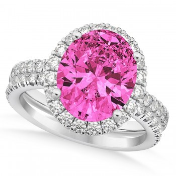 Pink Tourmaline & Diamonds Oval-Cut Halo Bridal Set 14K White Gold (3.68ct)