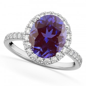 Oval Cut Halo Lab Alexandrite & Diamond Engagement Ring 14K White Gold 2.91ct