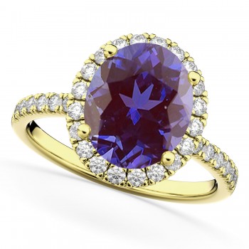 Oval Cut Halo Lab Alexandrite & Diamond Engagement Ring 14K Yellow Gold 2.91ct