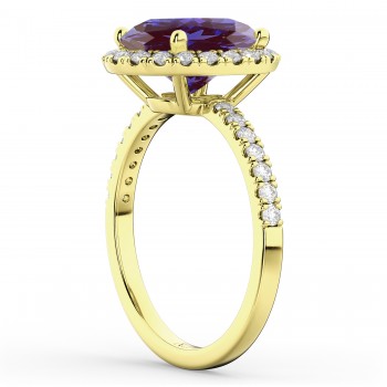 Oval Cut Halo Lab Alexandrite & Diamond Engagement Ring 14K Yellow Gold 2.91ct