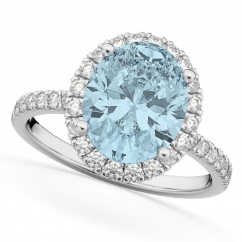 Oval Cut Halo Aquamarine & Diamond Engagement Ring 14K White Gold 2.76ct