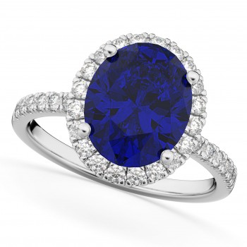 Oval Cut Halo Blue Sapphire & Diamond Engagement Ring 14K White Gold 3.66ct