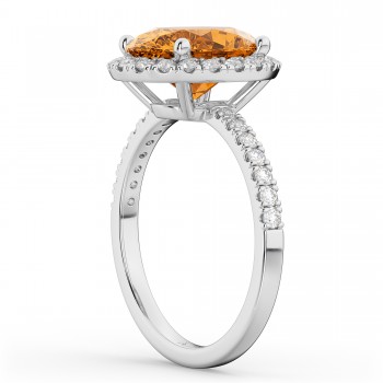 Oval Cut Halo Citrine & Diamond Engagement Ring 14K White Gold 2.91ct