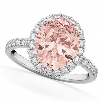 Oval Cut Halo Morganite & Diamond Engagement Ring 14K White Gold 2.81ct