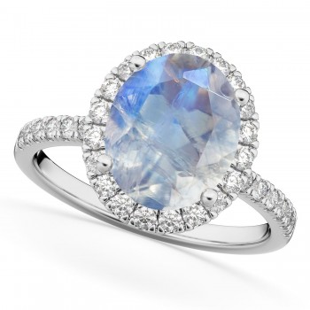 Oval Cut Halo Moonstone & Diamond Engagement Ring 14K White Gold 3.31ct