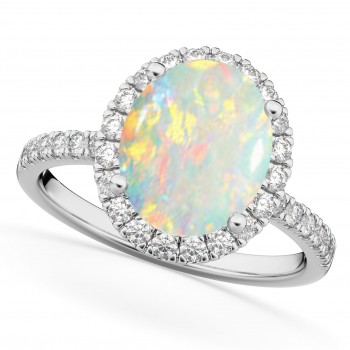 Oval Cut Halo Opal & Diamond Engagement Ring 14K White Gold 2.16ct