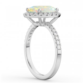 Oval Cut Halo Opal & Diamond Engagement Ring 14K White Gold 2.16ct