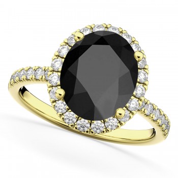 Oval Cut Halo Black Onyx & Diamond Engagement Ring 14K Yellow Gold 2.91ct