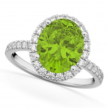 Oval Cut Halo Peridot & Diamond Engagement Ring 14K White Gold 3.01ct