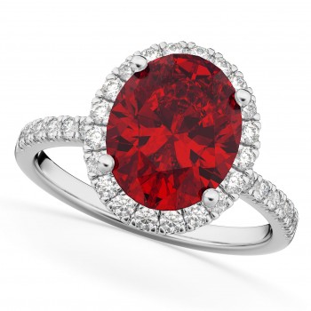 Oval Cut Halo Ruby & Diamond Engagement Ring 14K White Gold 3.66ct