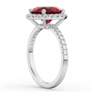 Oval Cut Halo Ruby & Diamond Engagement Ring 14K White Gold 3.66ct