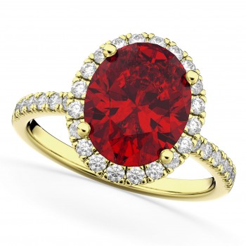 Oval Cut Halo Ruby & Diamond Engagement Ring 14K Yellow Gold 3.66ct