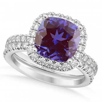 Lab Alexandrite & Diamonds Cushion-Cut Halo Bridal Set 14K White Gold (3.38ct)