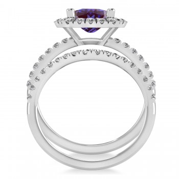 Lab Alexandrite & Diamonds Cushion-Cut Halo Bridal Set 14K White Gold (3.38ct)