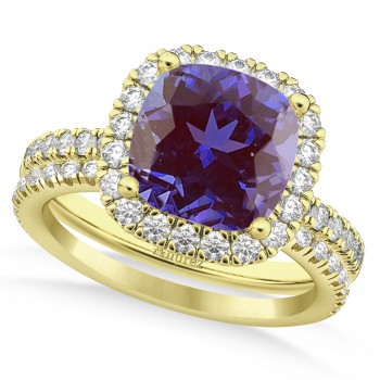 Lab Alexandrite & Diamonds Cushion-Cut Halo Bridal Set 14K Yellow Gold (3.38ct)