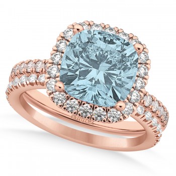 Aquamarine & Diamonds Cushion-Cut Halo Bridal Set 14K Rose Gold (3.38ct)