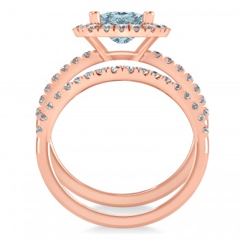 Aquamarine & Diamonds Cushion-Cut Halo Bridal Set 14K Rose Gold (3.38ct)