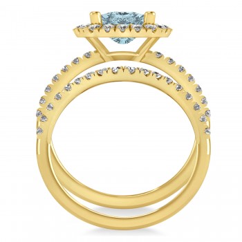 Aquamarine & Diamonds Cushion-Cut Halo Bridal Set 14K Yellow Gold (3.38ct)