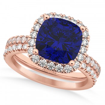Lab Blue Sapphire & Lab Grown Diamonds Cushion-Cut Halo Bridal Set 14K Rose Gold (3.38ct)