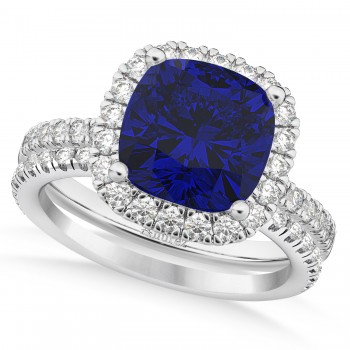 Lab Blue Sapphire & Lab Grown Diamonds Cushion-Cut Halo Bridal Set 14K White Gold (3.38ct)