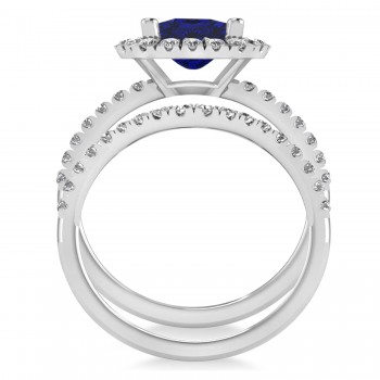 Lab Blue Sapphire & Lab Grown Diamonds Cushion-Cut Halo Bridal Set 14K White Gold (3.38ct)