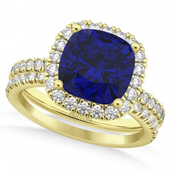 Lab Blue Sapphire & Lab Grown Diamonds Cushion-Cut Halo Bridal Set 14K Yellow Gold (3.38ct)