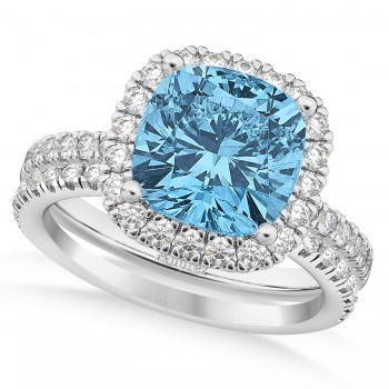 Blue Topaz & Diamonds Cushion-Cut Halo Bridal Set 14K White Gold (3.38ct)