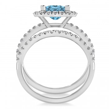 Blue Topaz & Diamonds Cushion-Cut Halo Bridal Set 14K White Gold (3.38ct)