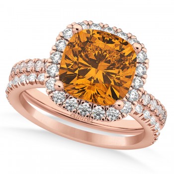 Citrine & Diamonds Cushion-Cut Halo Bridal Set 14K Rose Gold (3.38ct)