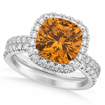 Citrine & Diamonds Cushion-Cut Halo Bridal Set 14K White Gold (3.38ct)