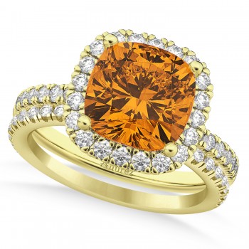 Citrine & Diamonds Cushion-Cut Halo Bridal Set 14K Yellow Gold (3.38ct)