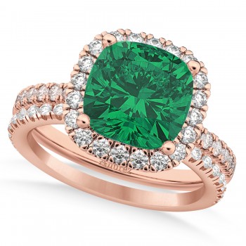 Lab Emerald & Lab Grown Diamonds Cushion-Cut Halo Bridal Set 14K Rose Gold (3.38ct)