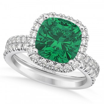 Lab Emerald & Lab Grown Diamonds Cushion-Cut Halo Bridal Set 14K White Gold (3.38ct)