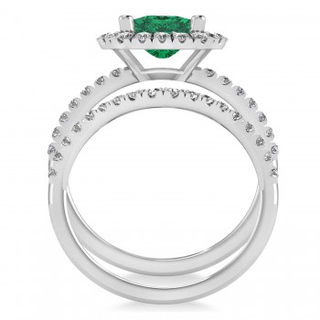 Lab Emerald & Lab Grown Diamonds Cushion-Cut Halo Bridal Set 14K White Gold (3.38ct)