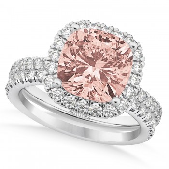 Morganite & Diamonds Cushion-Cut Halo Bridal Set 14K White Gold (3.38ct)