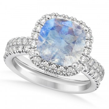 Moonstone & Diamonds Cushion-Cut Halo Bridal Set 14K White Gold (3.38ct)