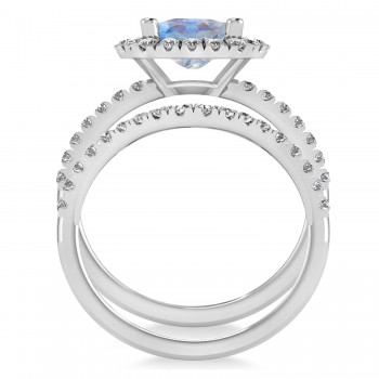 Moonstone & Diamonds Cushion-Cut Halo Bridal Set 14K White Gold (3.38ct)